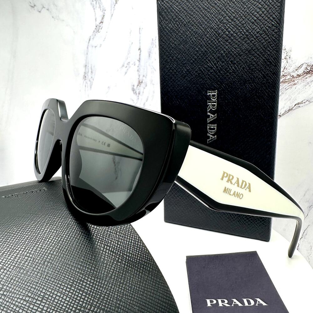 New PRADA Sunglasses Black White Talc Gold Symbole Oval Cat Eye Womens - Picture 14 of 16